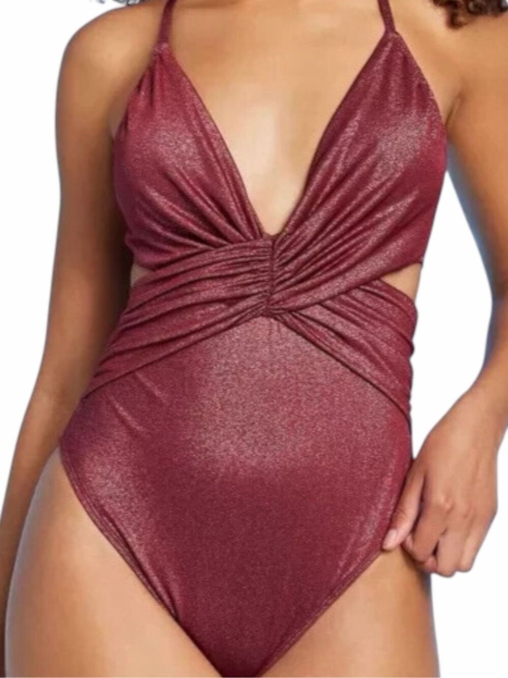 SHADE & SHORE Monokini One Piece Swimsuit Burgundy Shimmer Plunge Cutout Large
